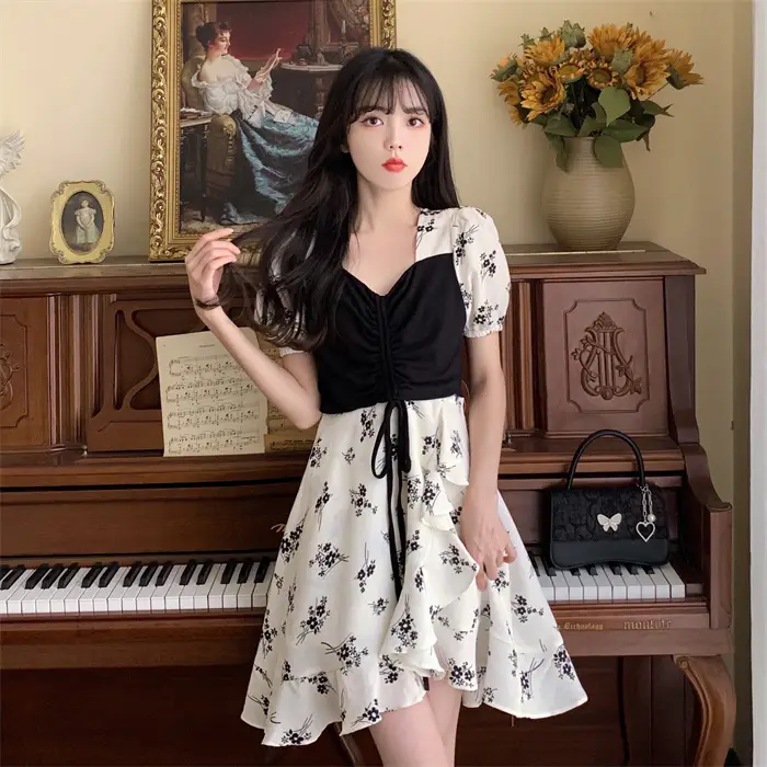 Women Floral French Dress Black White Summer Low Cut — feature 4