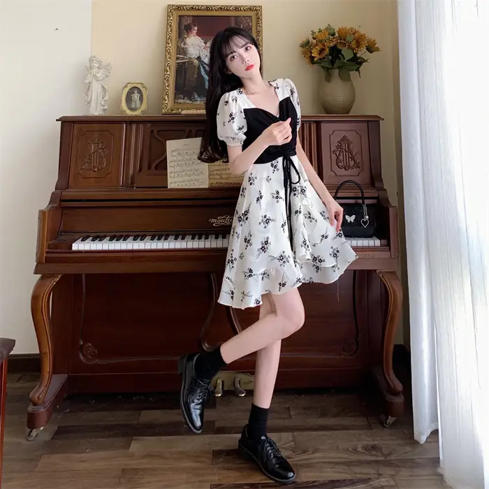 Women Floral French Dress Black White Summer Low Cut — feature 5