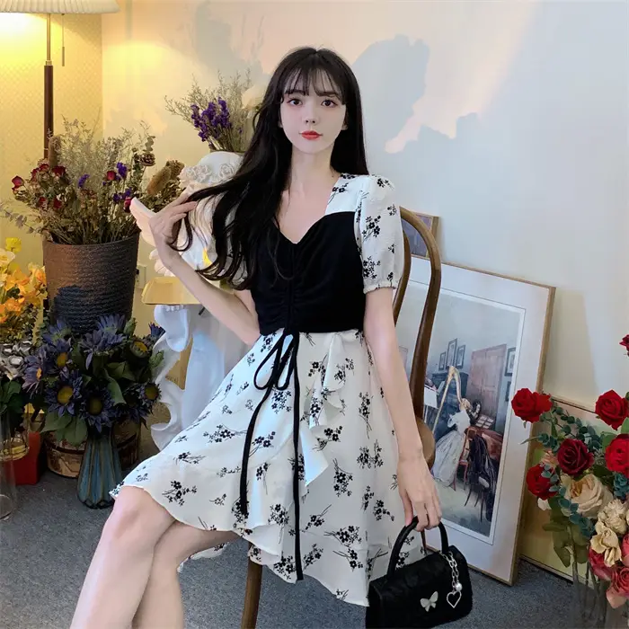 Women Floral French Dress Black White Summer Low Cut — feature 6