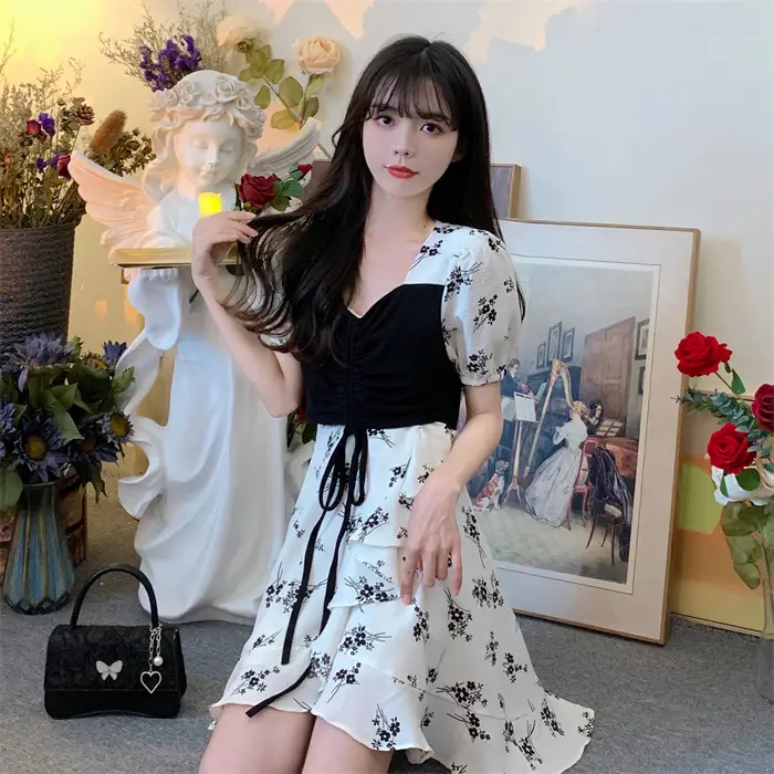 Women Floral French Dress Black White Summer Low Cut — feature 7