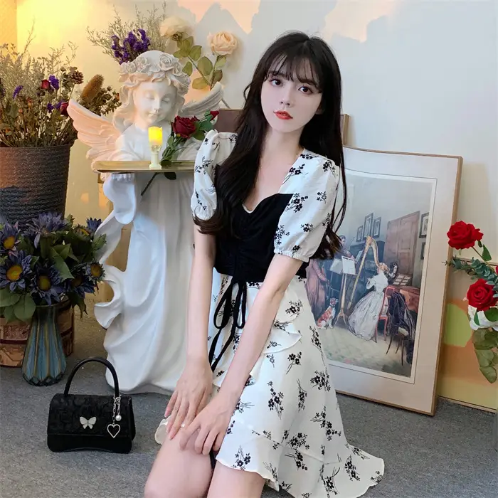 Women Floral French Dress Black White Summer Low Cut — feature 8