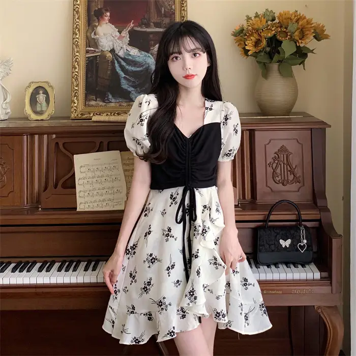 Women Floral French Dress Black White Summer Low Cut — feature 9