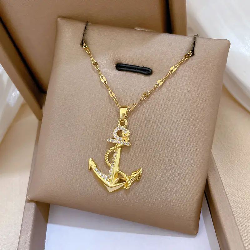 Titanium Steel Anchor Necklace for Women Real Gold Micro-Inlay — feature 1