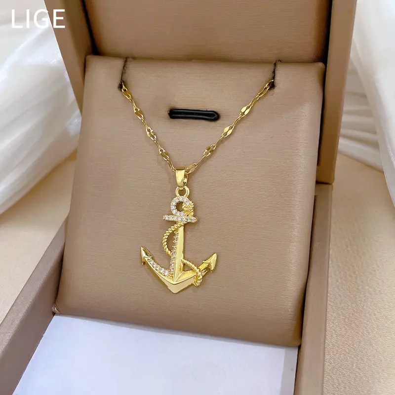 Titanium Steel Anchor Necklace for Women Real Gold Micro-Inlay — feature 3