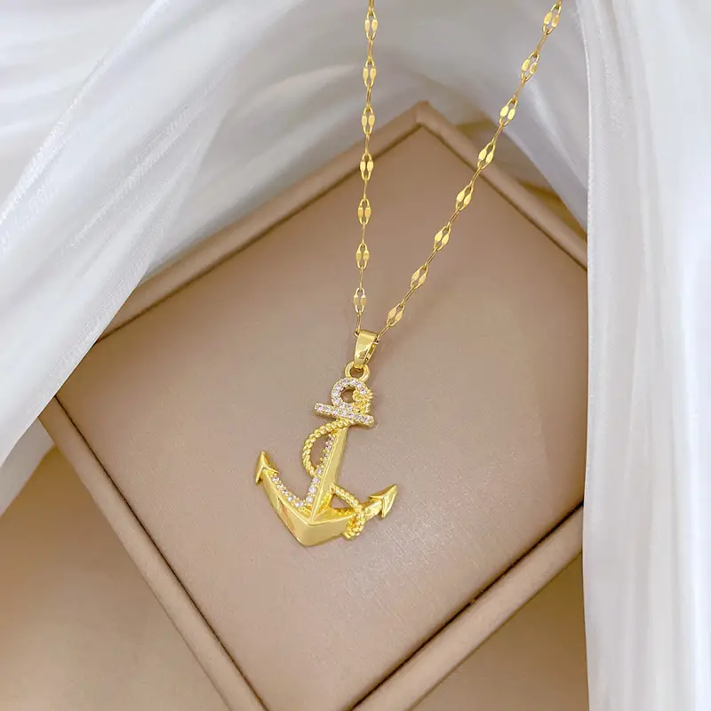 Titanium Steel Anchor Necklace for Women Real Gold Micro-Inlay — feature 7