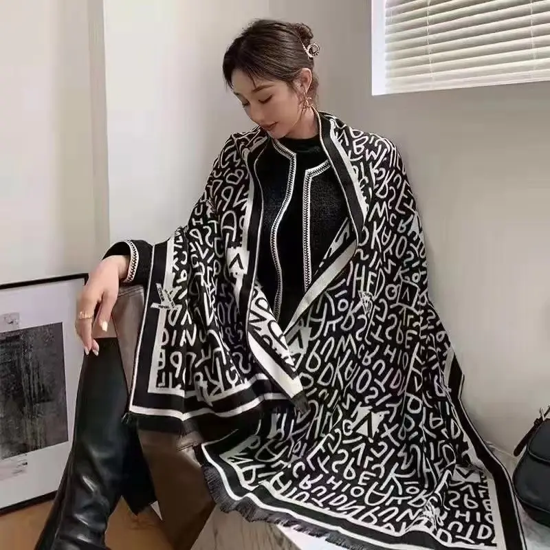 Women's Korean Style Warm Scarf Black White Double Sided - Image 75