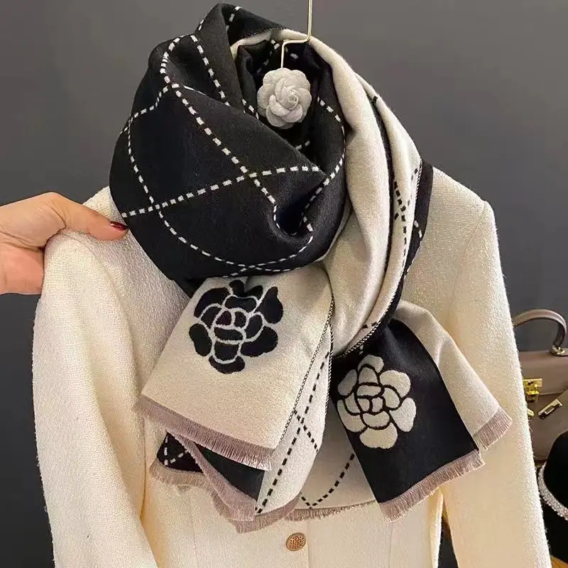 Women's Korean Style Warm Scarf Black White Double Sided - Image 13