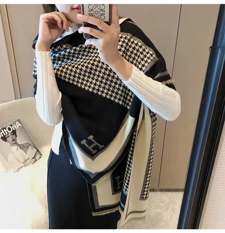 Women's Korean Style Warm Scarf Black White Double Sided - Image 21