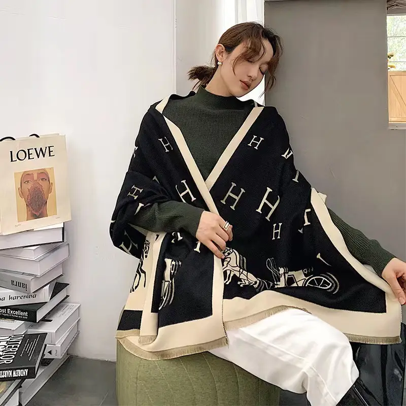 Women's Korean Style Warm Scarf Black White Double Sided - Image 30