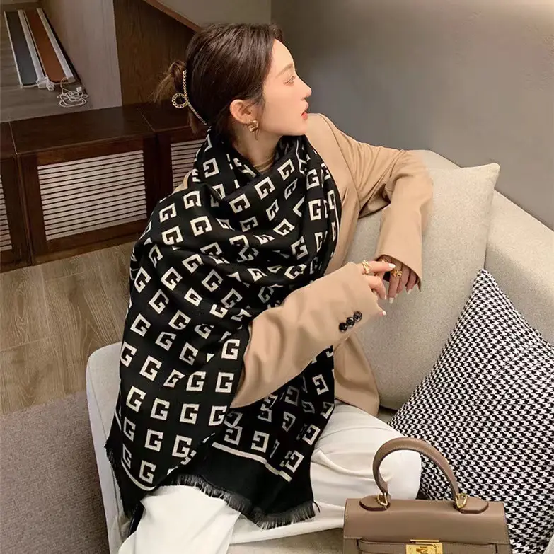 Women's Korean Style Warm Scarf Black White Double Sided - Image 38