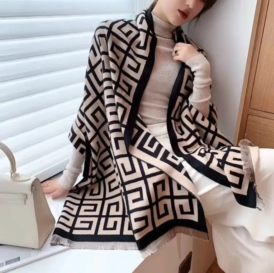Women's Korean Style Warm Scarf Black White Double Sided - Image 4