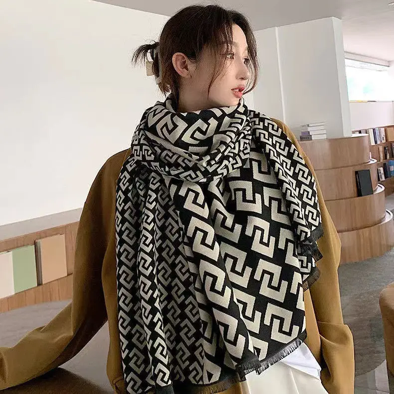 Women's Korean Style Warm Scarf Black White Double Sided - Image 40