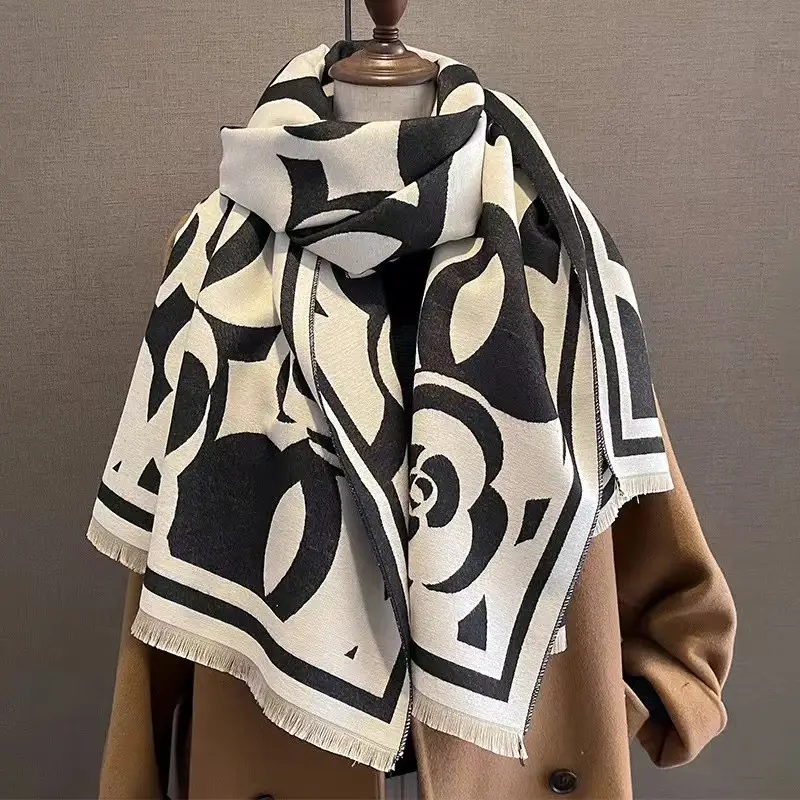 Women's Korean Style Warm Scarf Black White Double Sided - Image 44