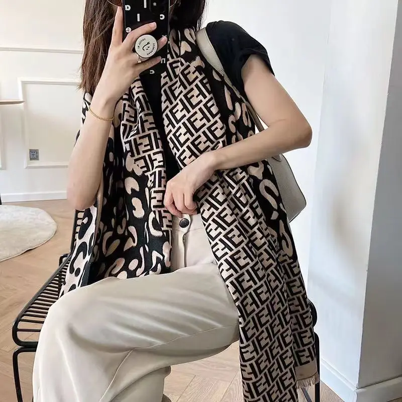 Women's Korean Style Warm Scarf Black White Double Sided - Image 45