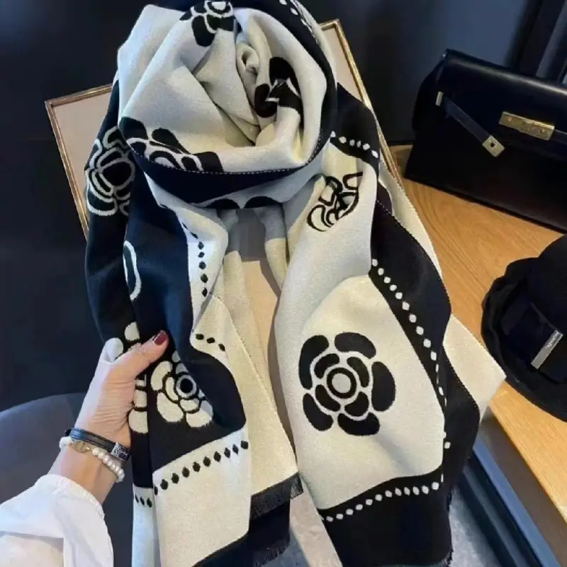Women's Korean Style Warm Scarf Black White Double Sided - Image 46