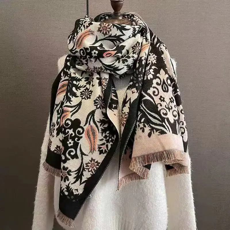 Women's Korean Style Warm Scarf Black White Double Sided - Image 58