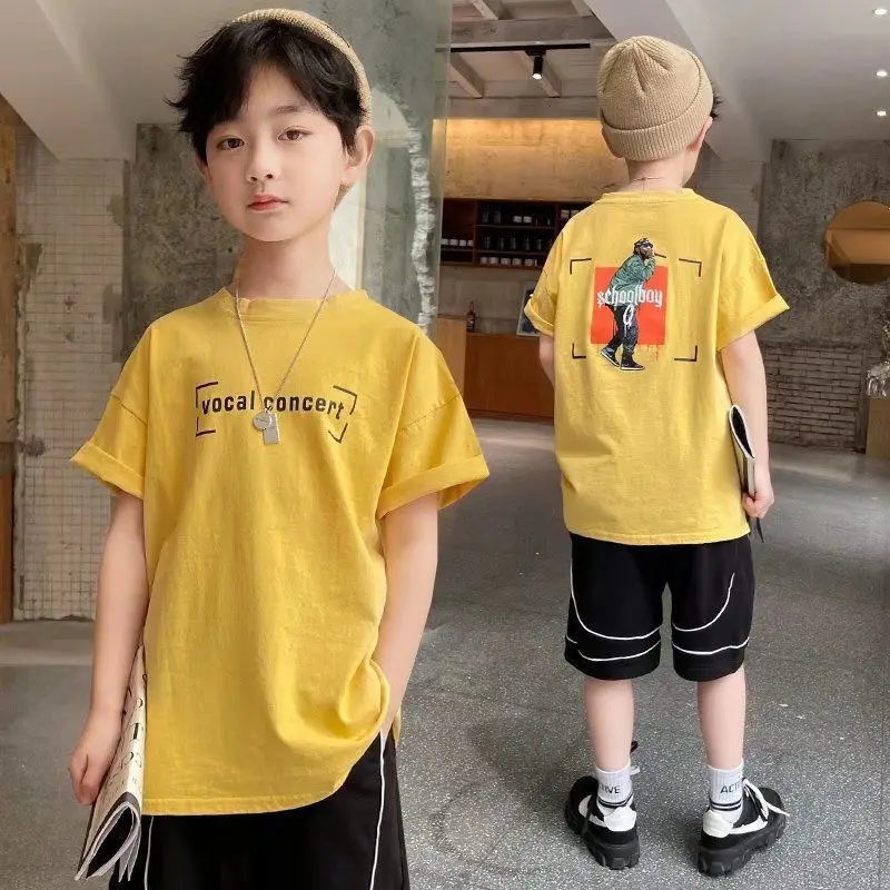 Children Cotton Yellow Loose T-Shirt Round Neck