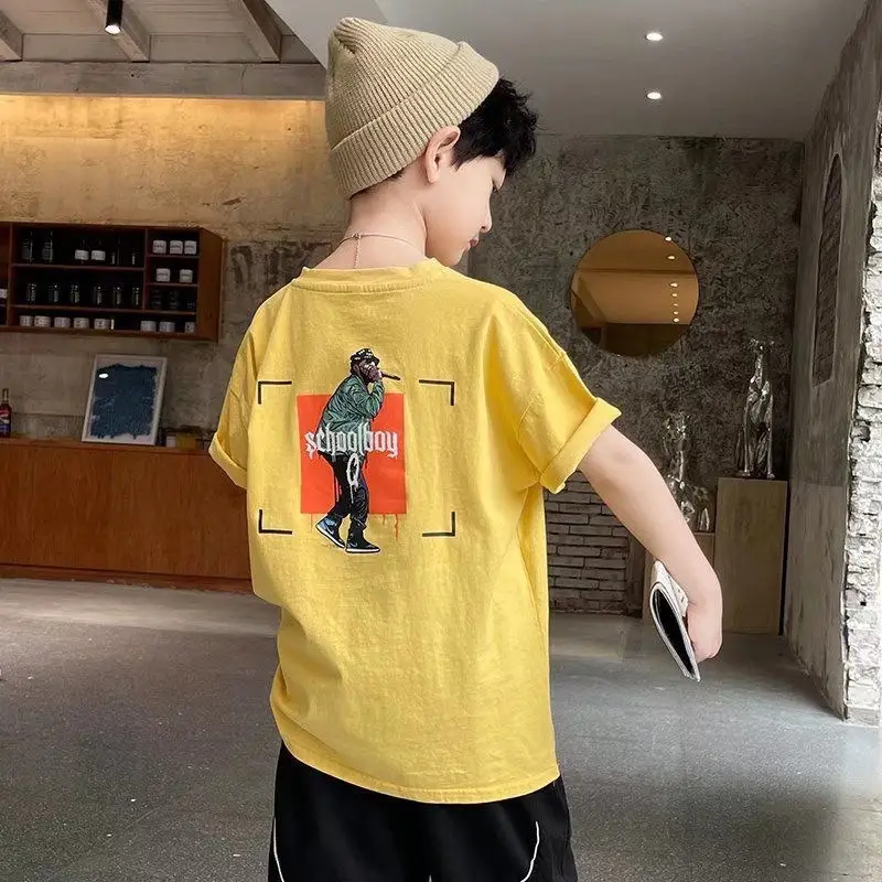 Children Cotton Yellow Loose T-Shirt Round Neck