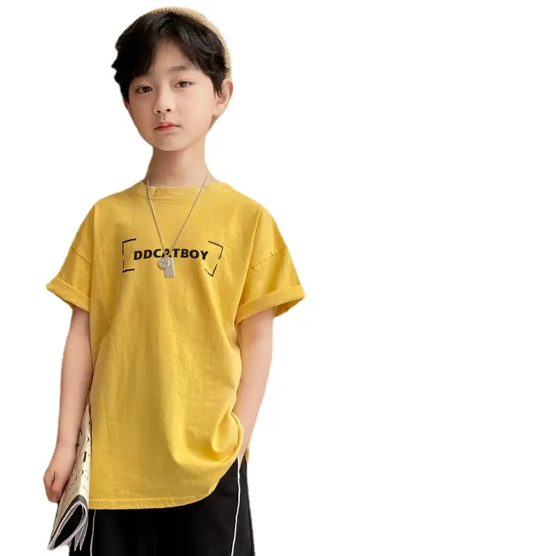Children Cotton Yellow Loose T-Shirt Round Neck