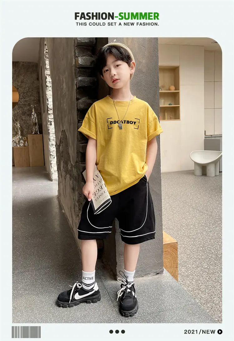 Children Cotton Yellow Loose T-Shirt Round Neck — feature 2