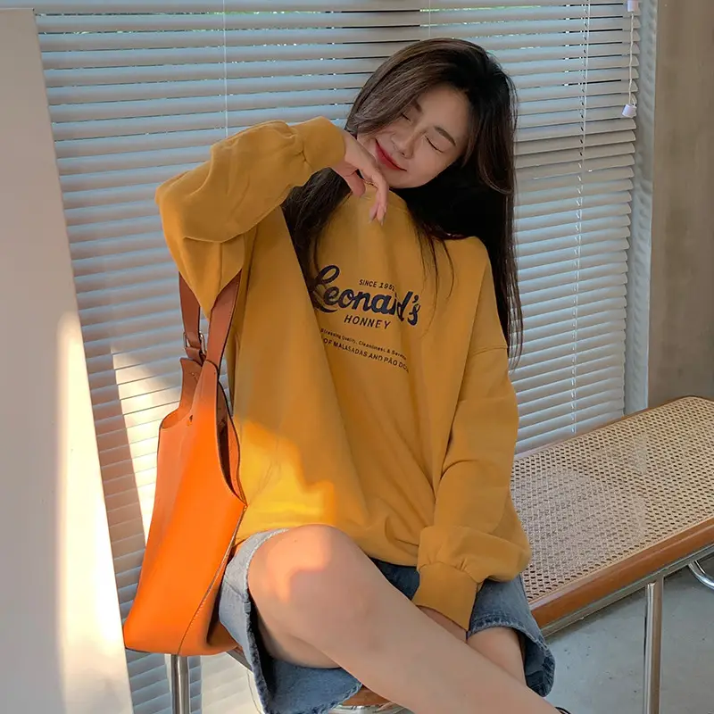 2022 Women Raglan Back Printed Sweatshirt Yellow - Image 7