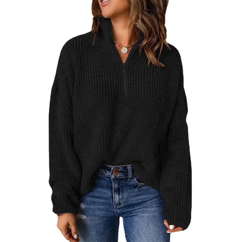 Women's Long-Sleeved Half-Collar Sweater in Grey Waffle Knit - Image 4