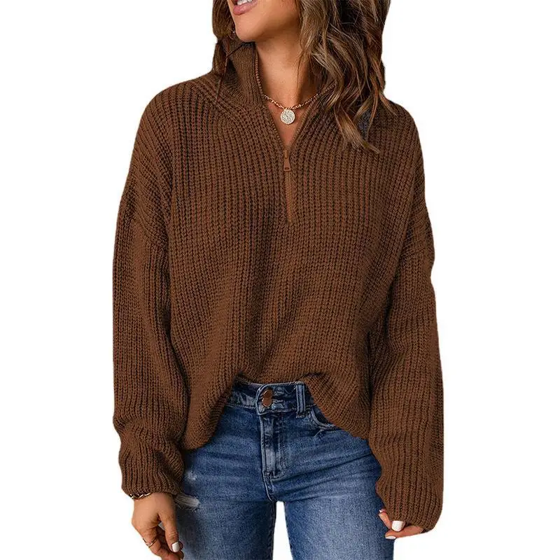 Women's Long-Sleeved Half-Collar Sweater in Grey Waffle Knit - Image 7