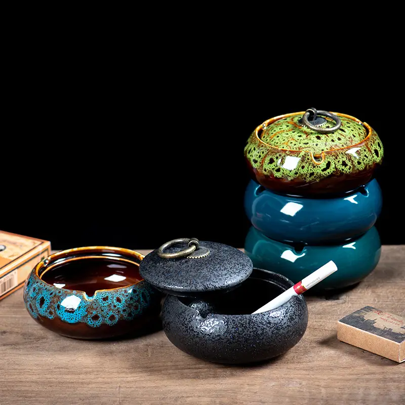 Ceramic Ashtray with Lid and Ring Handle