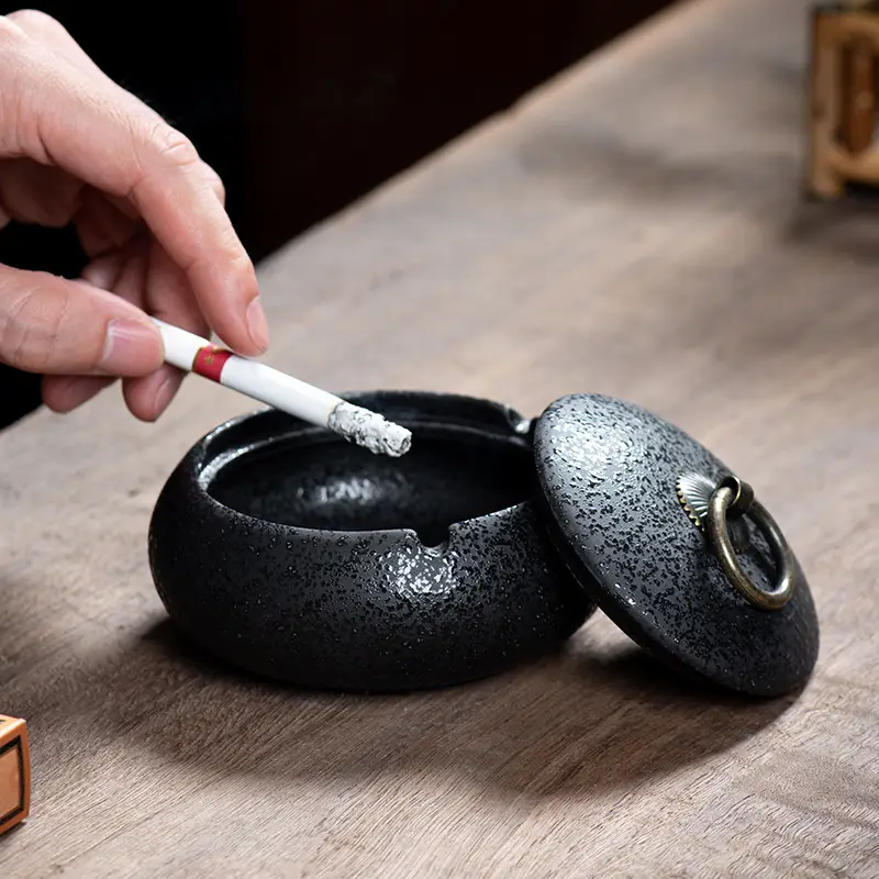 Ceramic Ashtray with Lid and Ring Handle