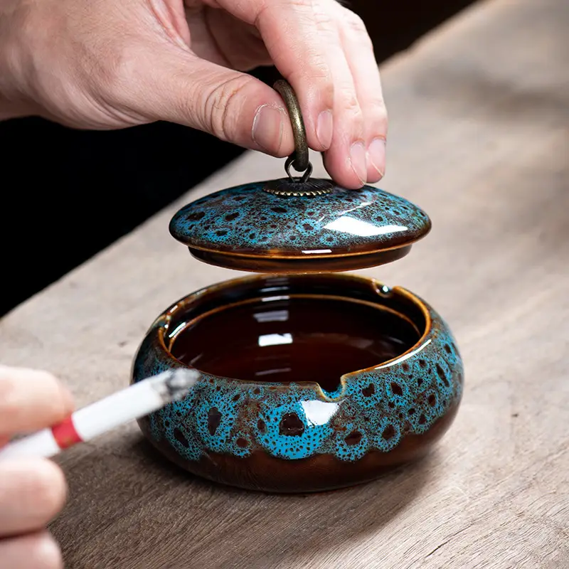 Ceramic Ashtray with Lid and Ring Handle