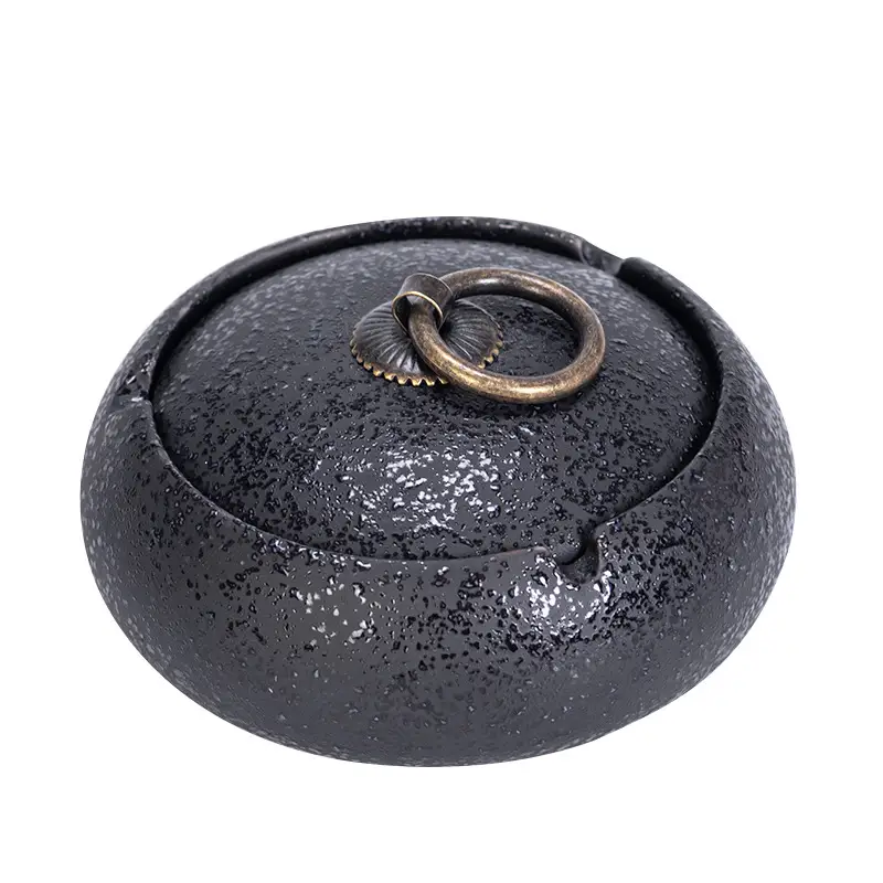 Ceramic Ashtray with Lid and Ring Handle
