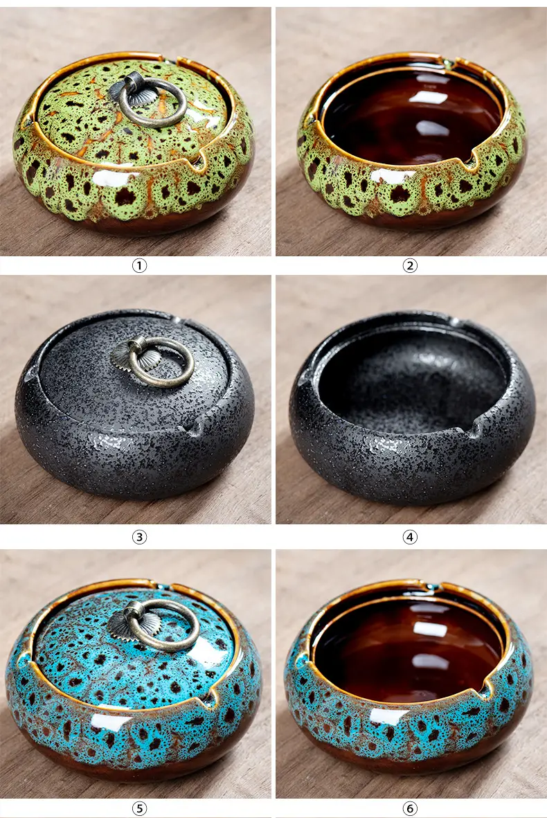 Green, dark speckled and blue-speckled ashtrays shown with lids and open bowls.
