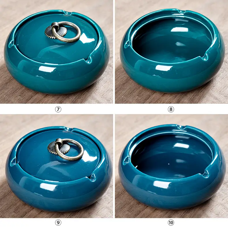 Blue-glazed ashtray shown with a ring-handled lid and as an open bowl.