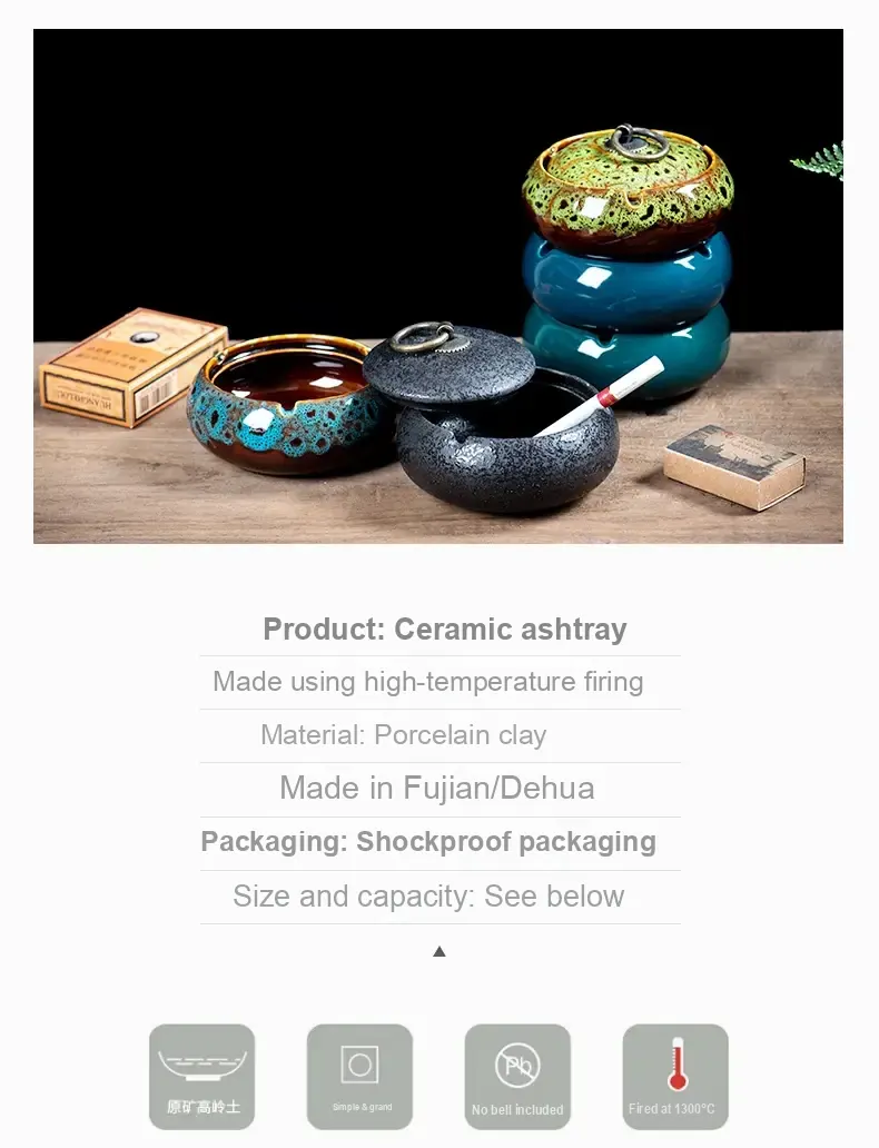 Ceramic ashtrays shown with Chinese product details, high-temperature firing and protective packaging.