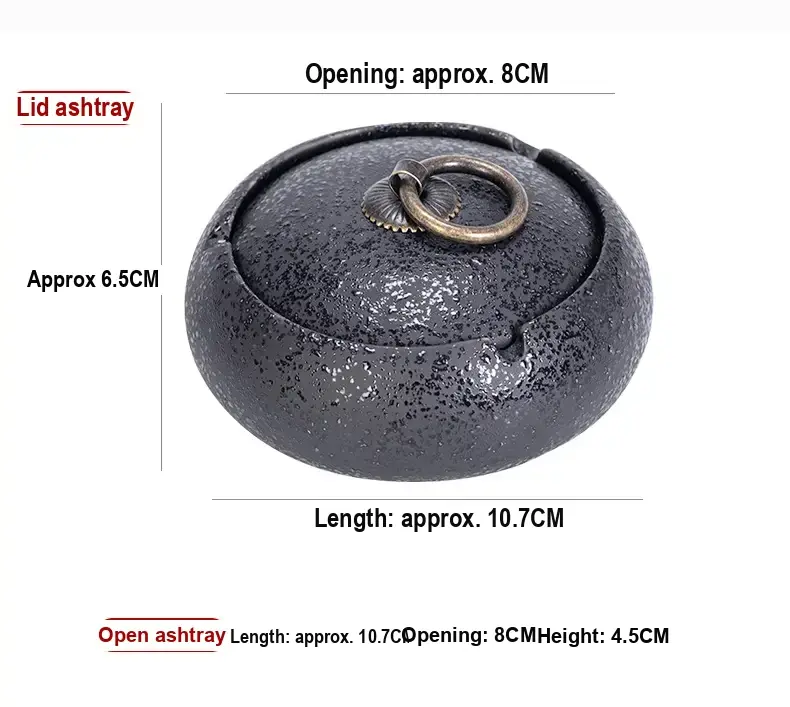 Dimension diagram showing approximate measurements for lidded and lid-free ashtrays.