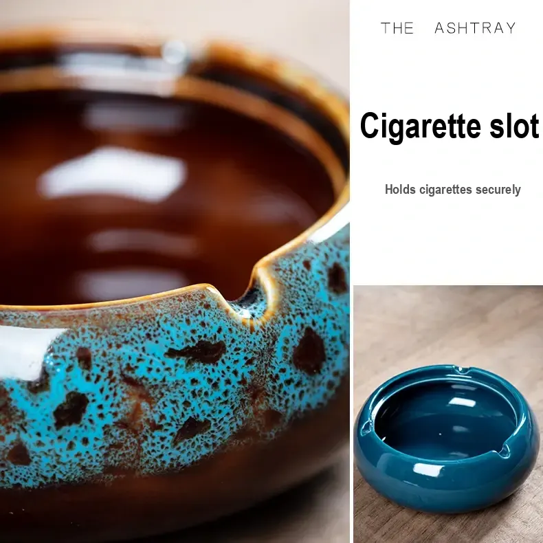 Close-up of a notched cigarette rest on a blue-speckled ceramic ashtray.