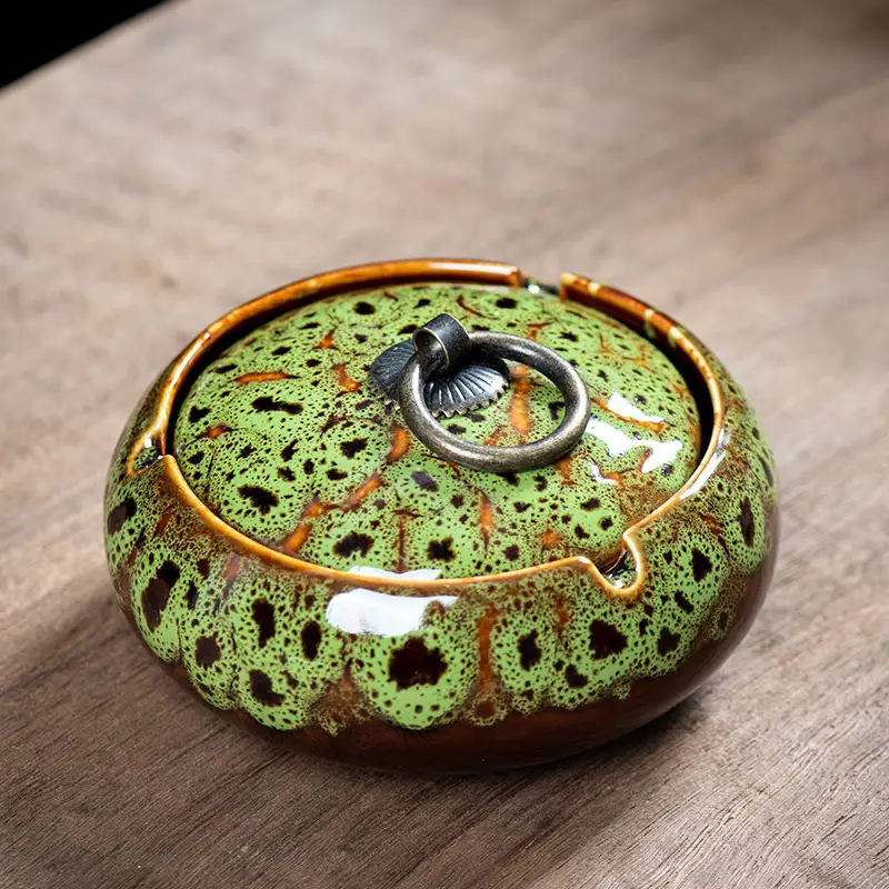 Ceramic Ashtray with Lid and Ring Handle
