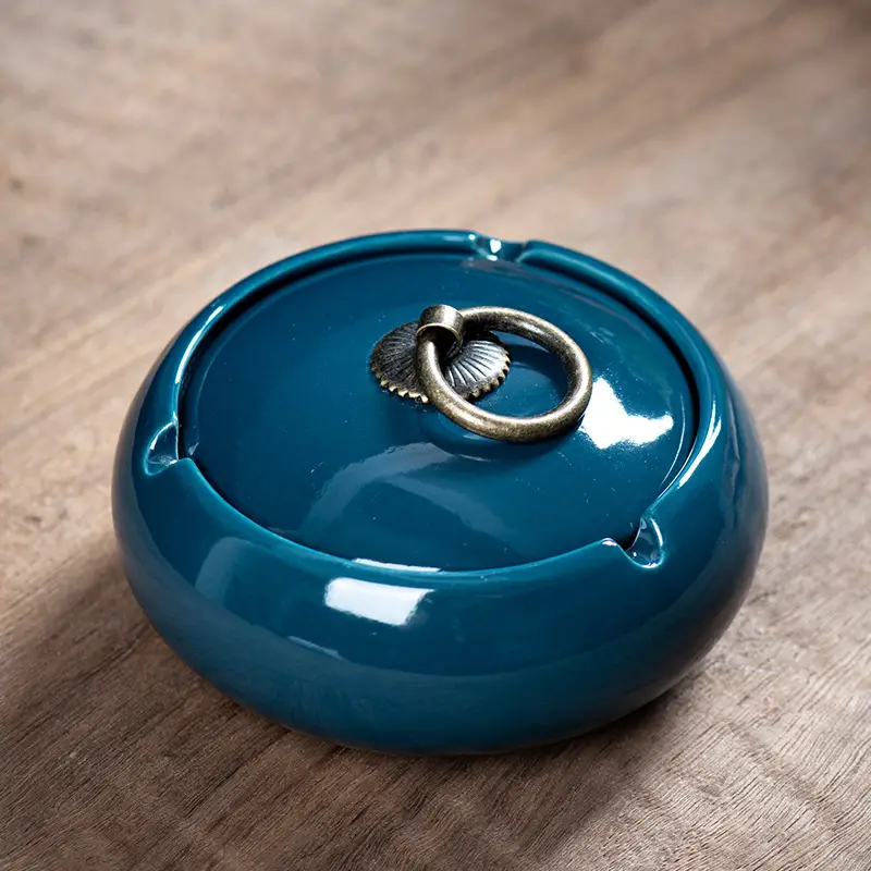 Ceramic Ashtray with Lid and Ring Handle