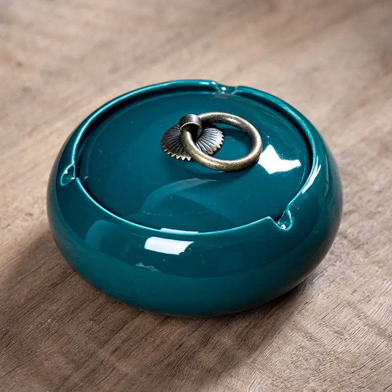 Ceramic Ashtray with Lid and Ring Handle