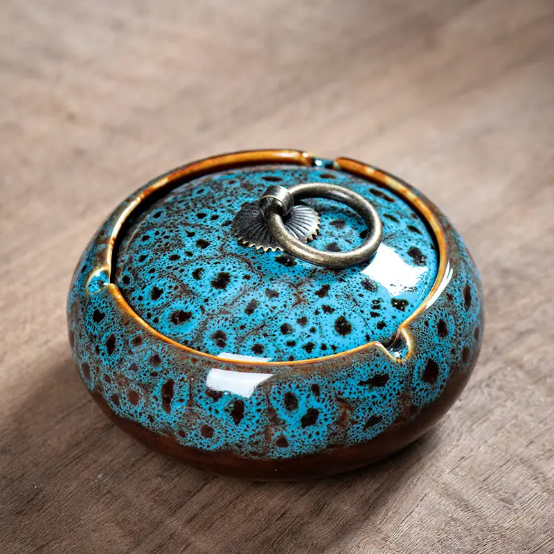 Ceramic Ashtray with Lid and Ring Handle