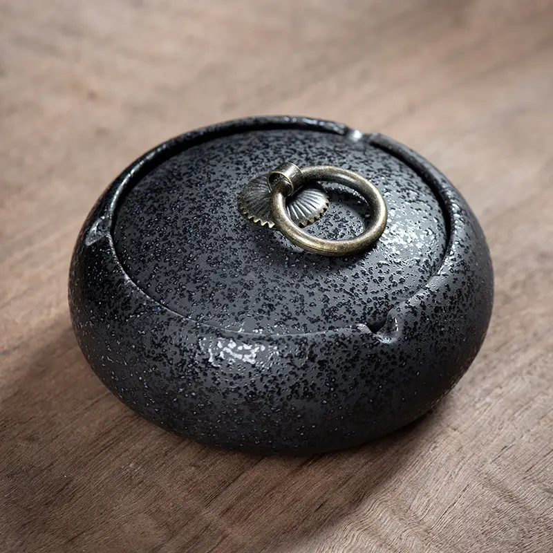 Ceramic Ashtray with Lid and Ring Handle