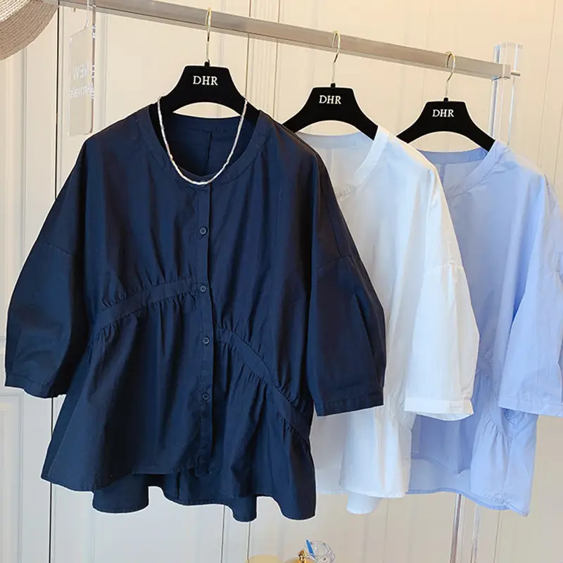 2025 Summer Korean Style Light Blue Cotton Babydoll Shirt - Image 3