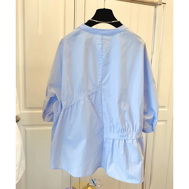 2025 Summer Korean Style Light Blue Cotton Babydoll Shirt - Image 4