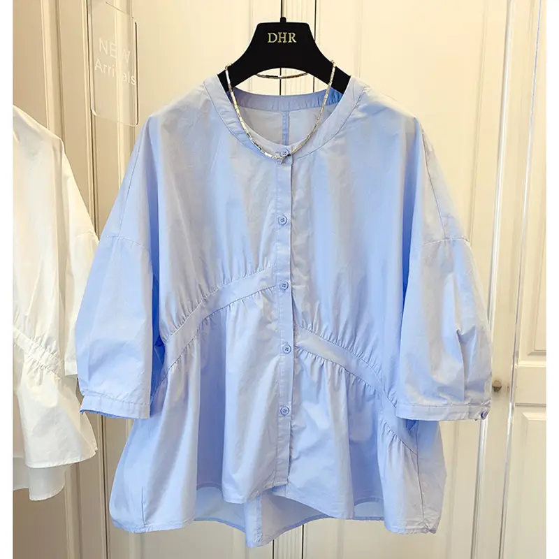 2025 Summer Korean Style Light Blue Cotton Babydoll Shirt - Image 2