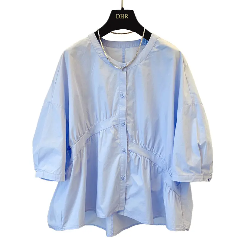 2025 Summer Korean Style Light Blue Cotton Babydoll Shirt - Image 5