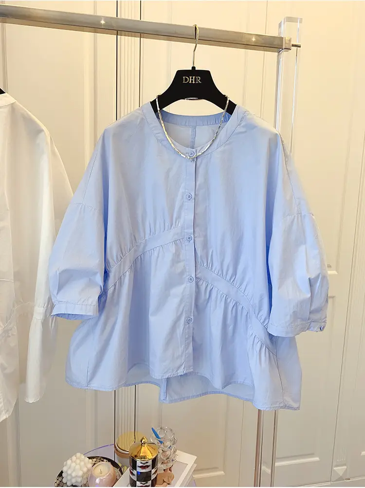 2025 Summer Korean Style Light Blue Cotton Babydoll Shirt — feature 12