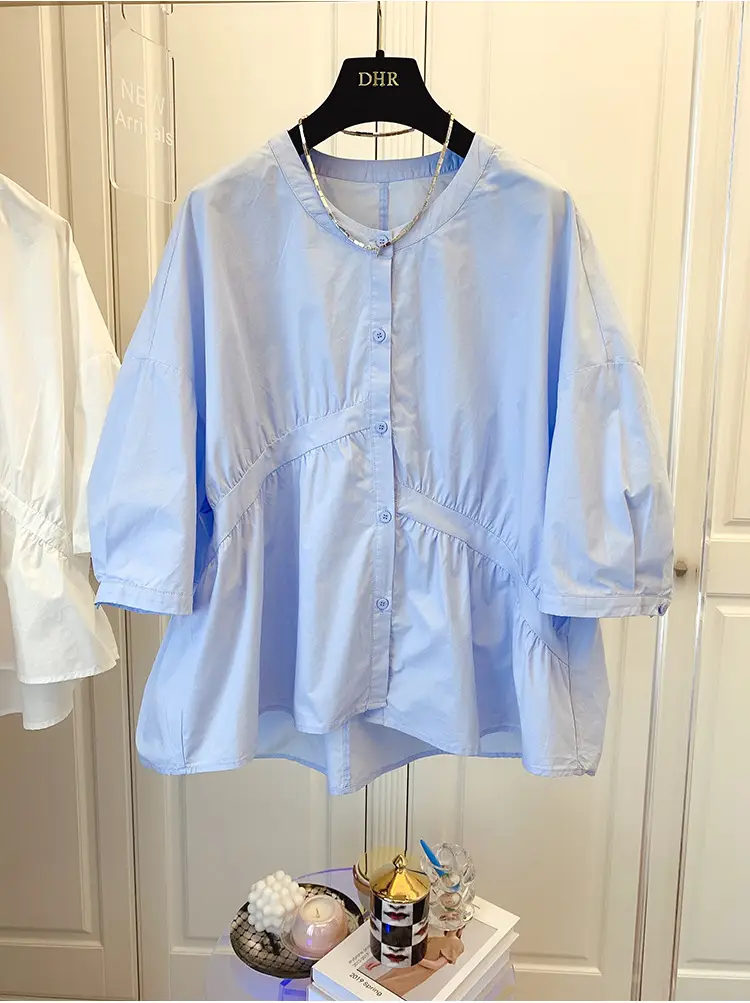 2025 Summer Korean Style Light Blue Cotton Babydoll Shirt — feature 14