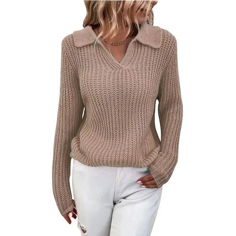 Women's Red Knit V-Neck Sweater with Lapels - Image 9