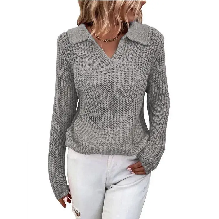 Women's Red Knit V-Neck Sweater with Lapels - Image 11