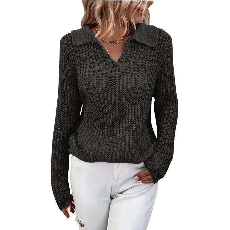 Women's Red Knit V-Neck Sweater with Lapels - Image 2